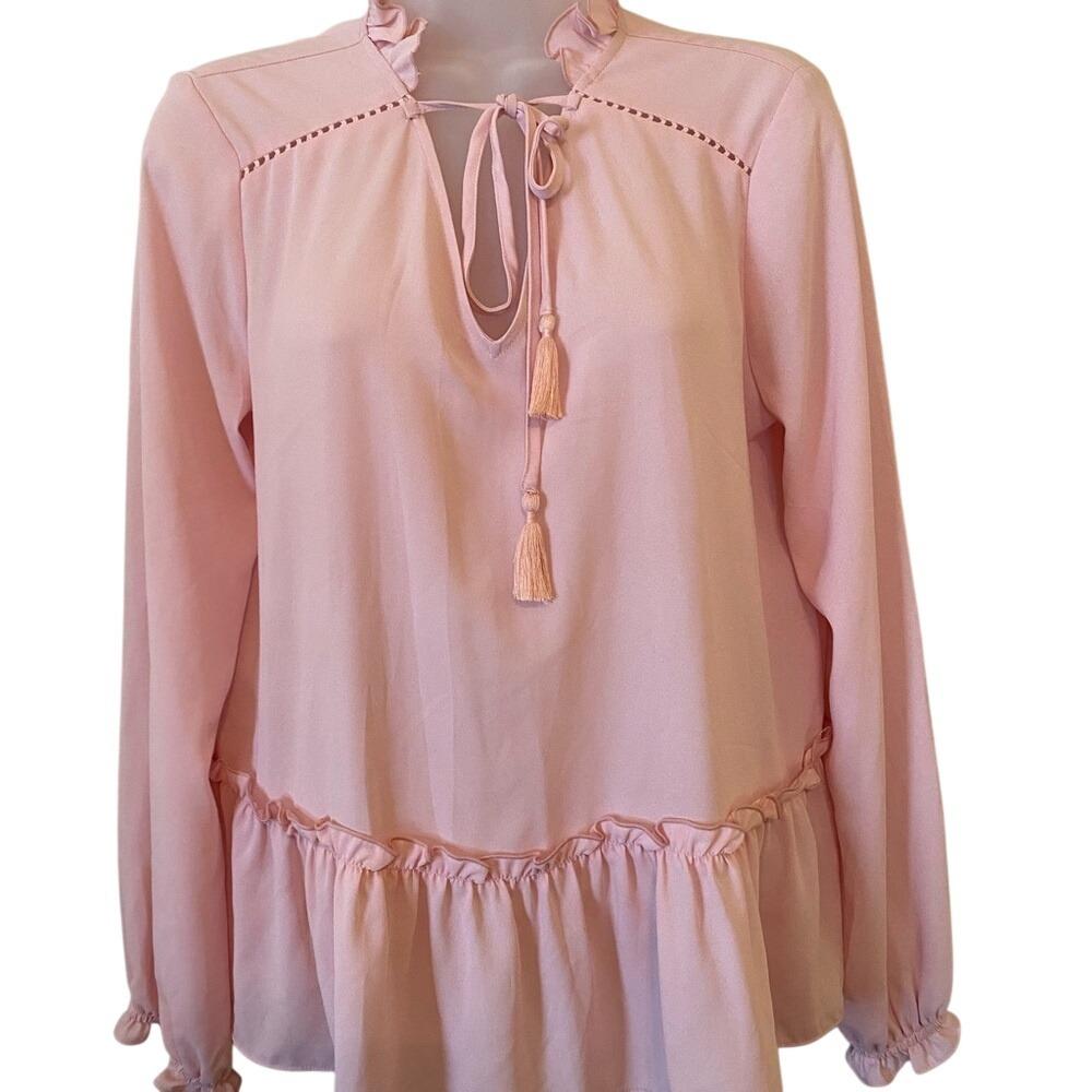 Maison Jules Pink Ruffle High Neck Tie Neck Tassel Blouse Women's Small